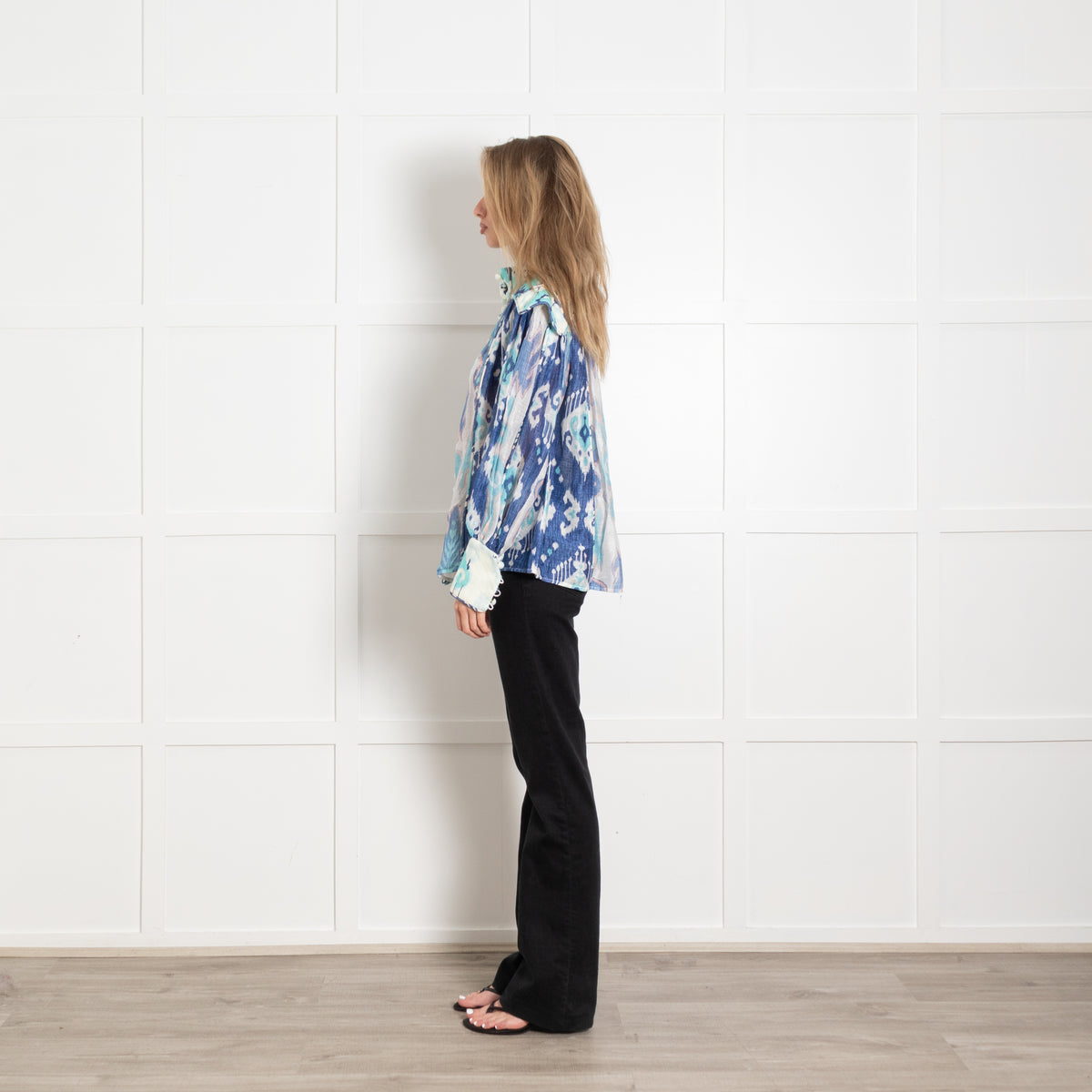 Zimmermann Cream Blue Ikat-Print Linen Blend Organza Blouse