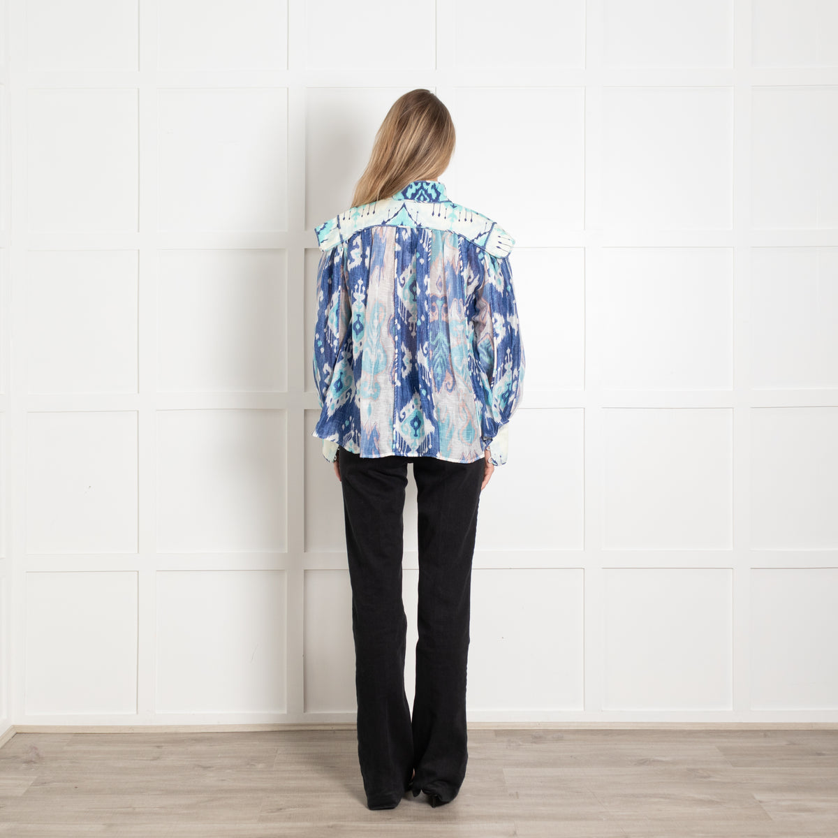 Zimmermann Cream Blue Ikat-Print Linen Blend Organza Blouse