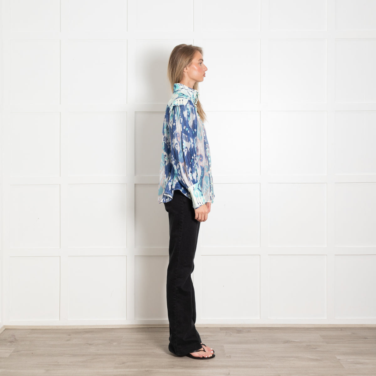 Zimmermann Cream Blue Ikat-Print Linen Blend Organza Blouse