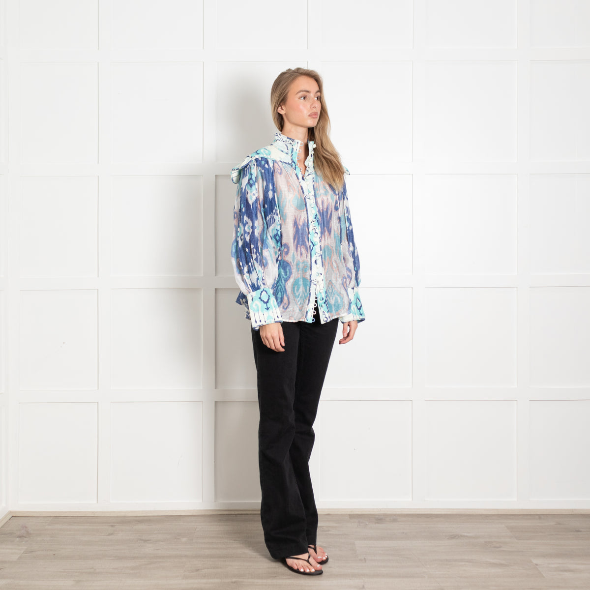 Zimmermann Cream Blue Ikat-Print Linen Blend Organza Blouse