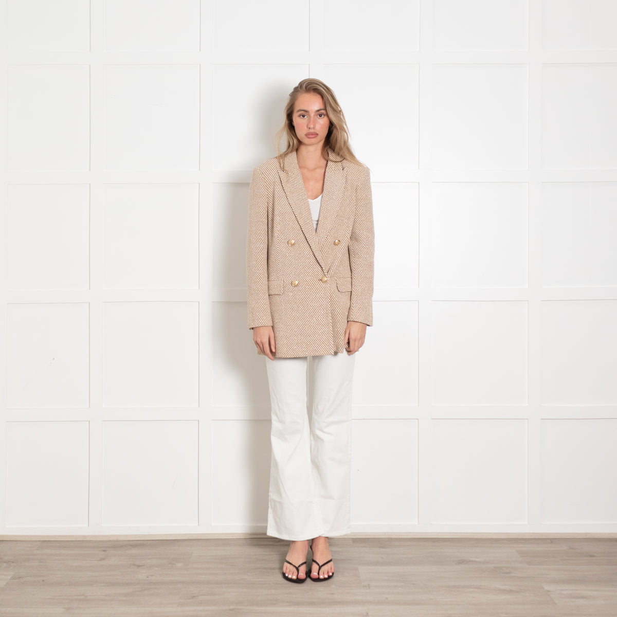 L'Agence Cream and Camel Woven Metallic Blazer