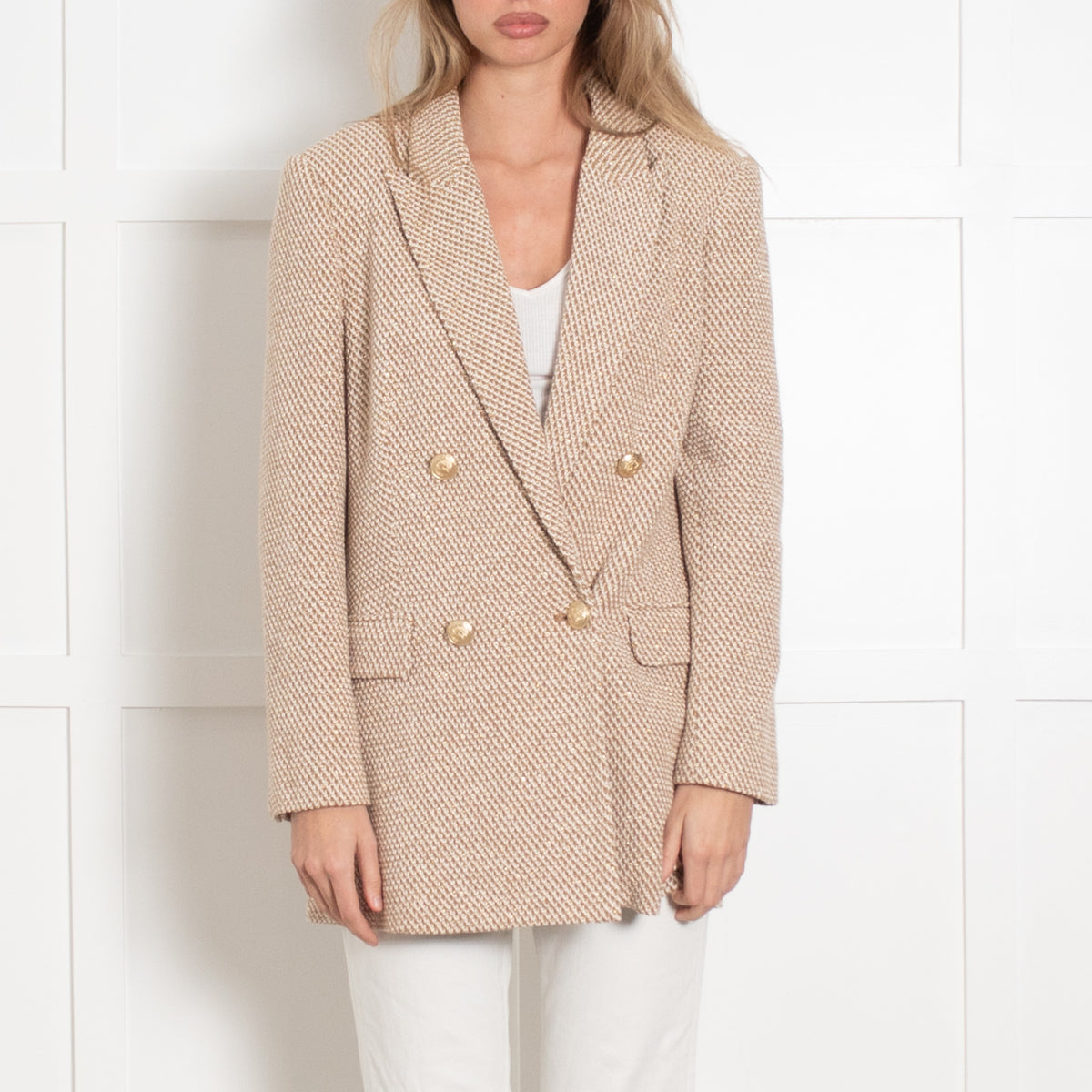L'Agence Cream and Camel Woven Metallic Blazer