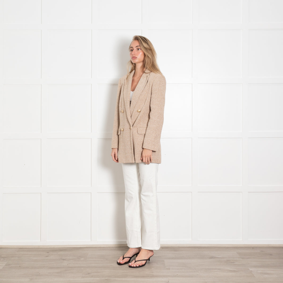 L'Agence Cream and Camel Woven Metallic Blazer