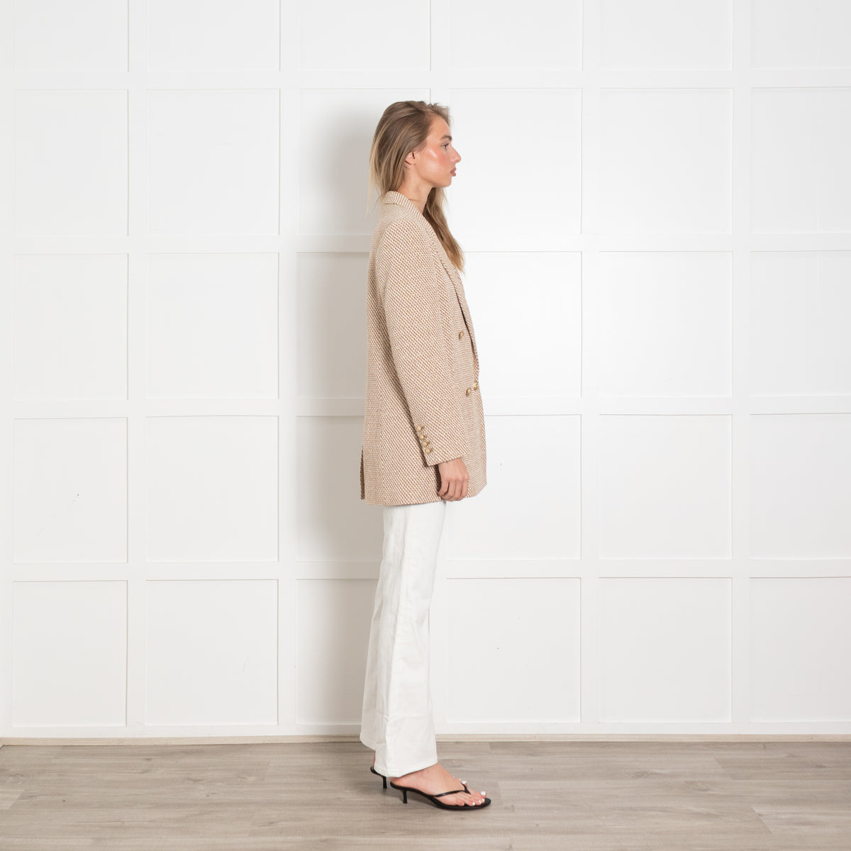 L'Agence Cream and Camel Woven Metallic Blazer