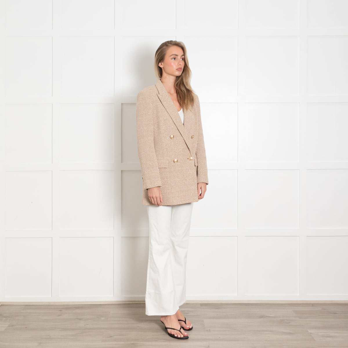 L'Agence Cream and Camel Woven Metallic Blazer