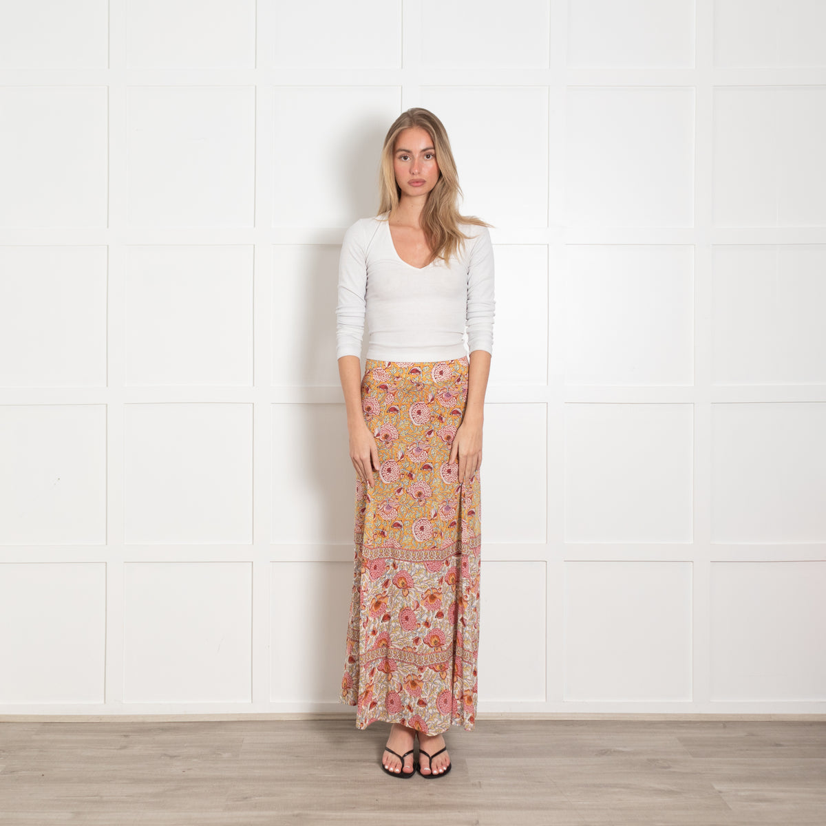 Ba&sh Orange and Pink Floral Block Print Maxi Skirt