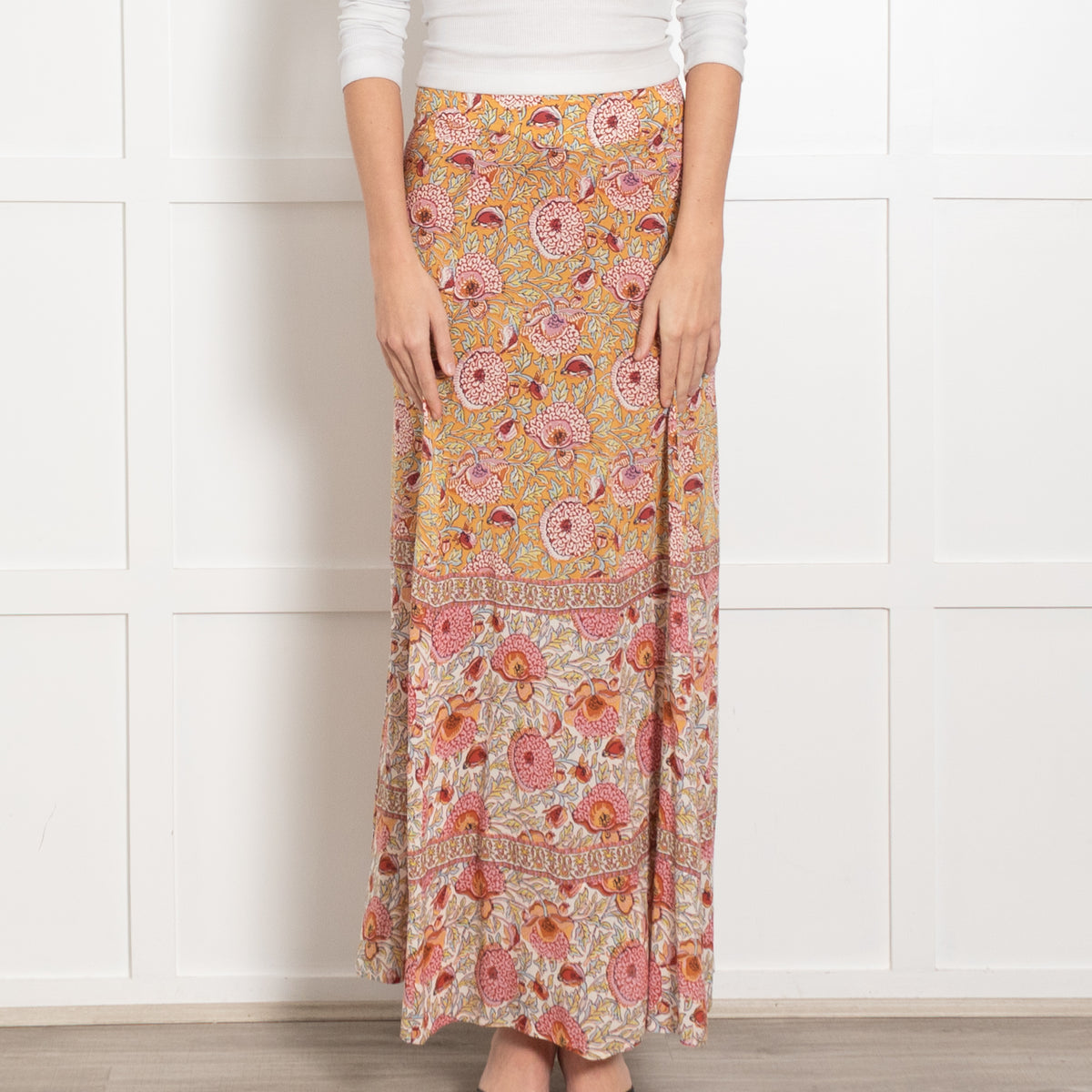 Ba&sh Orange and Pink Floral Block Print Maxi Skirt