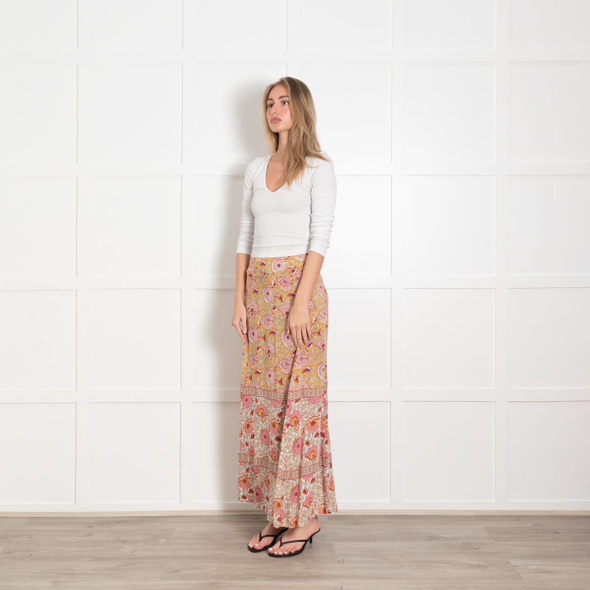 Ba&sh Orange and Pink Floral Block Print Maxi Skirt