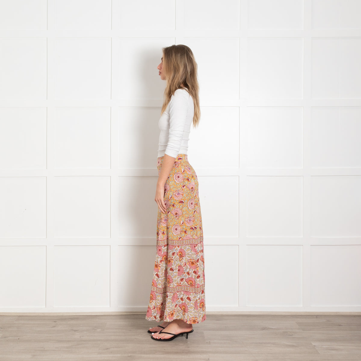 Ba&sh Orange and Pink Floral Block Print Maxi Skirt