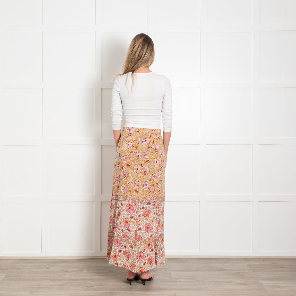 Ba&sh Orange and Pink Floral Block Print Maxi Skirt