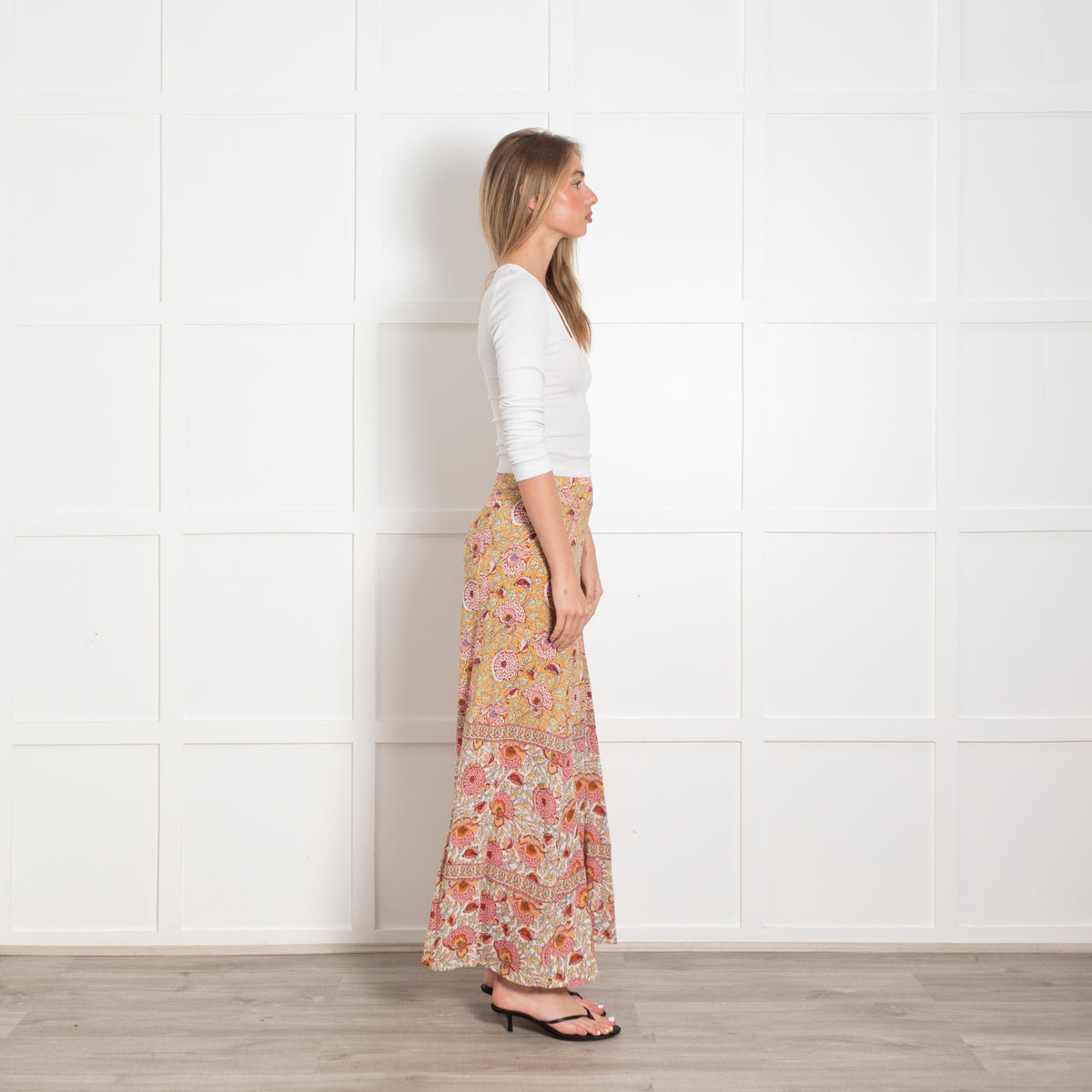 Ba&sh Orange and Pink Floral Block Print Maxi Skirt