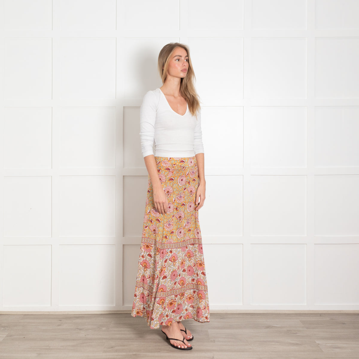Ba&sh Orange and Pink Floral Block Print Maxi Skirt