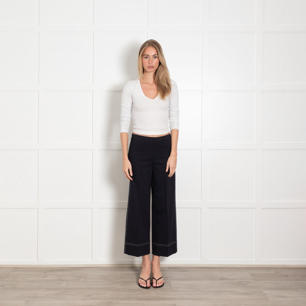 Vilagallo Navy Contrast Stitch Wide Leg Stretch Trousers
