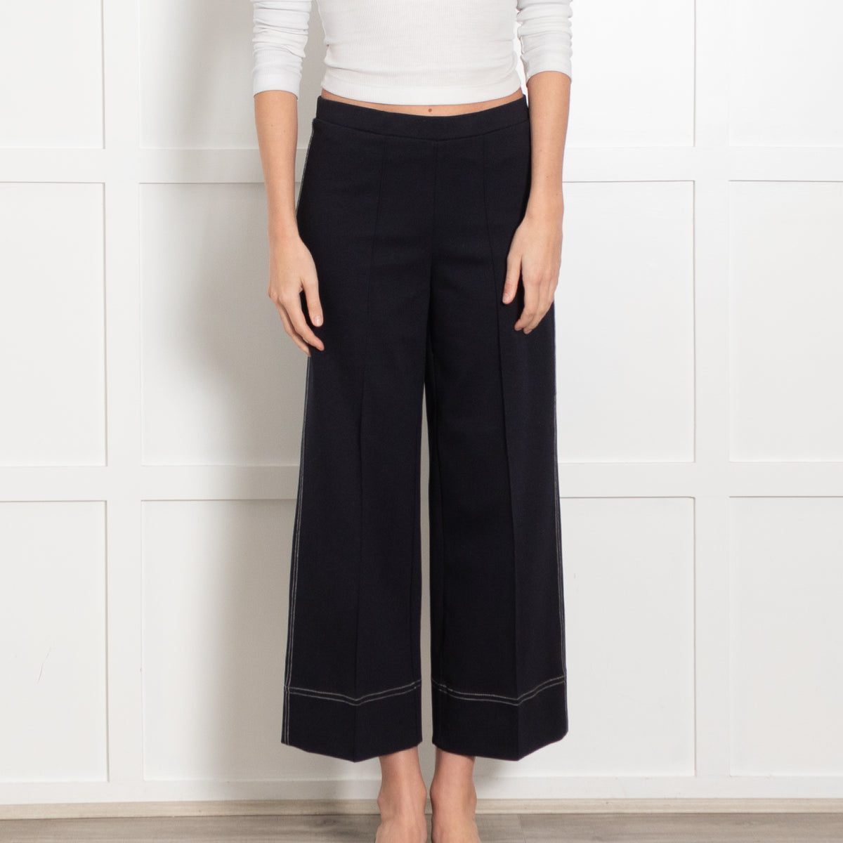 Vilagallo Navy Contrast Stitch Wide Leg Stretch Trousers