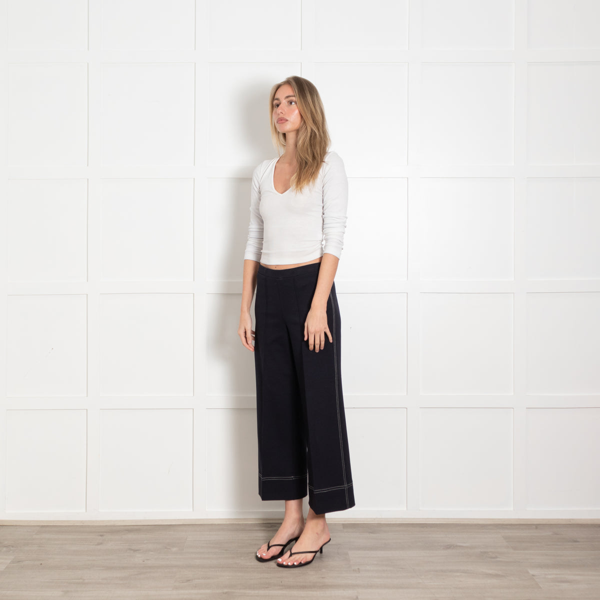Vilagallo Navy Contrast Stitch Wide Leg Stretch Trousers