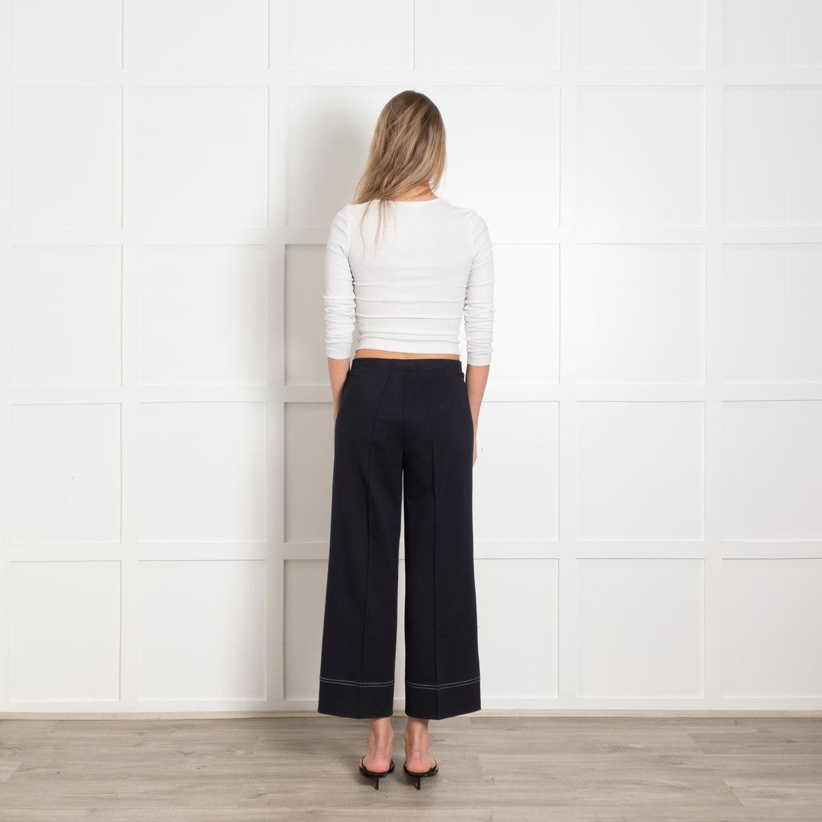 Vilagallo Navy Contrast Stitch Wide Leg Stretch Trousers
