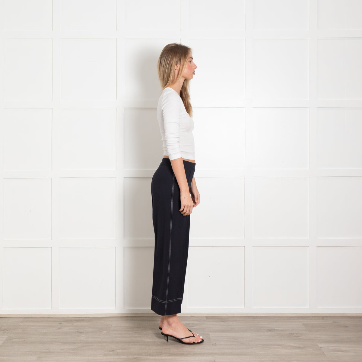 Vilagallo Navy Contrast Stitch Wide Leg Stretch Trousers