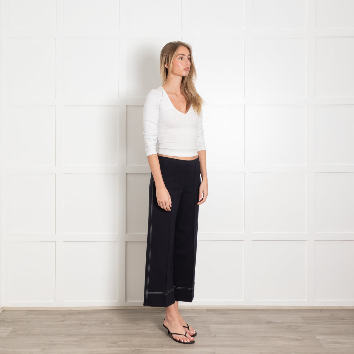Vilagallo Navy Contrast Stitch Wide Leg Stretch Trousers