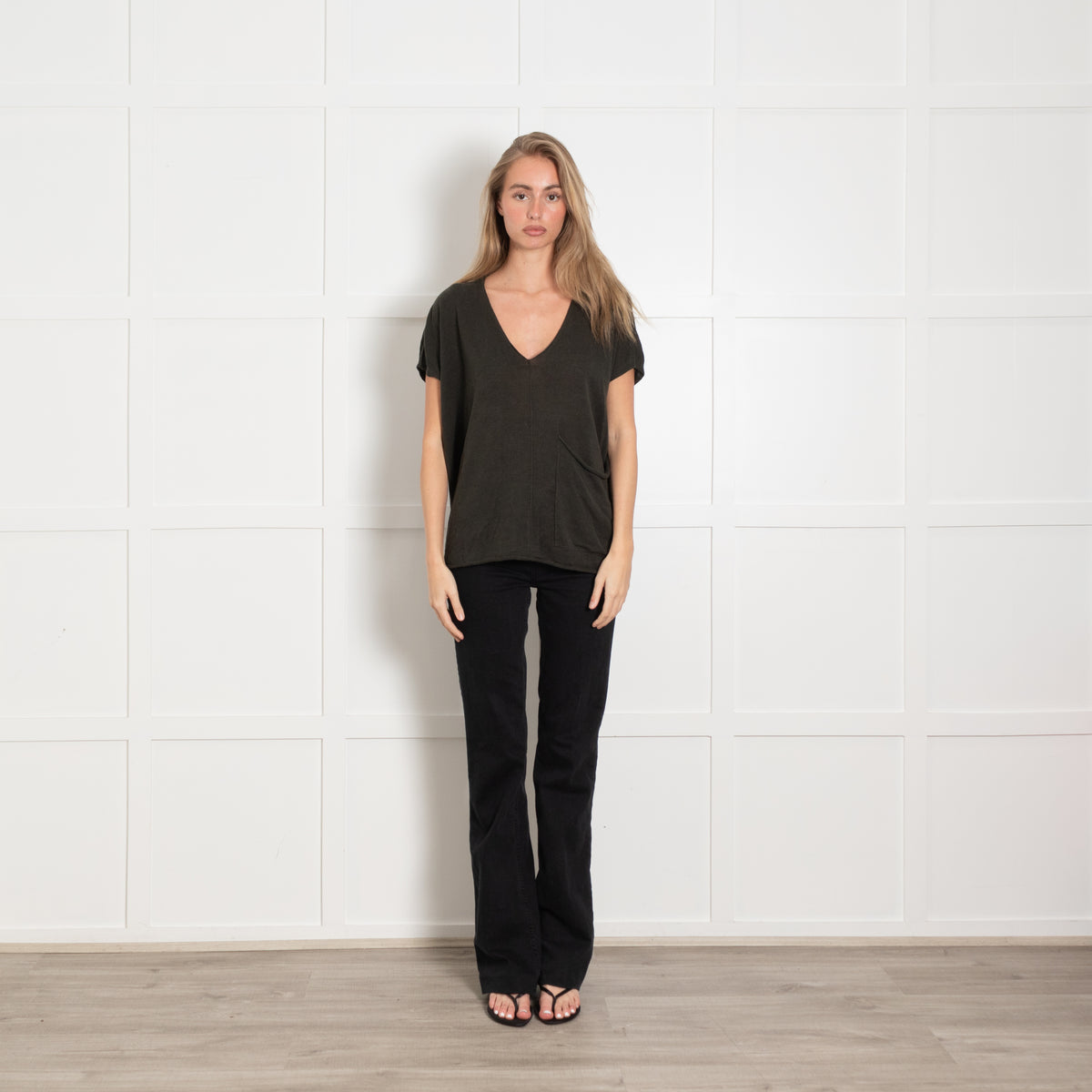 Eileen Fisher Dark Green Linen & Cotton Mix Top With Front Pocket