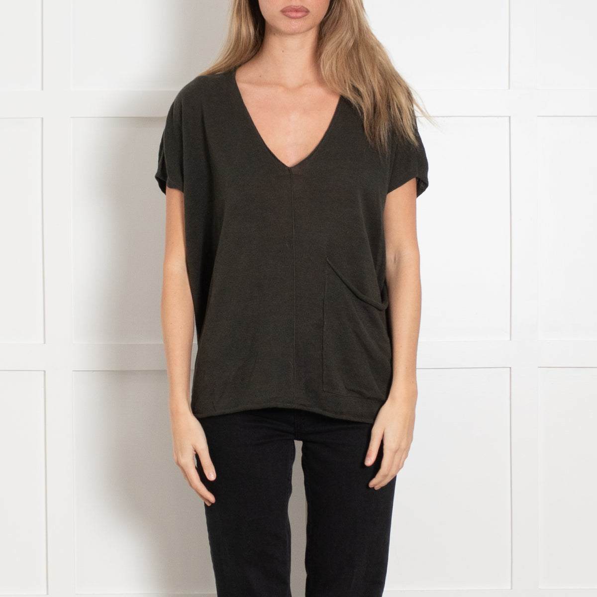 Eileen Fisher Dark Green Linen & Cotton Mix Top With Front Pocket