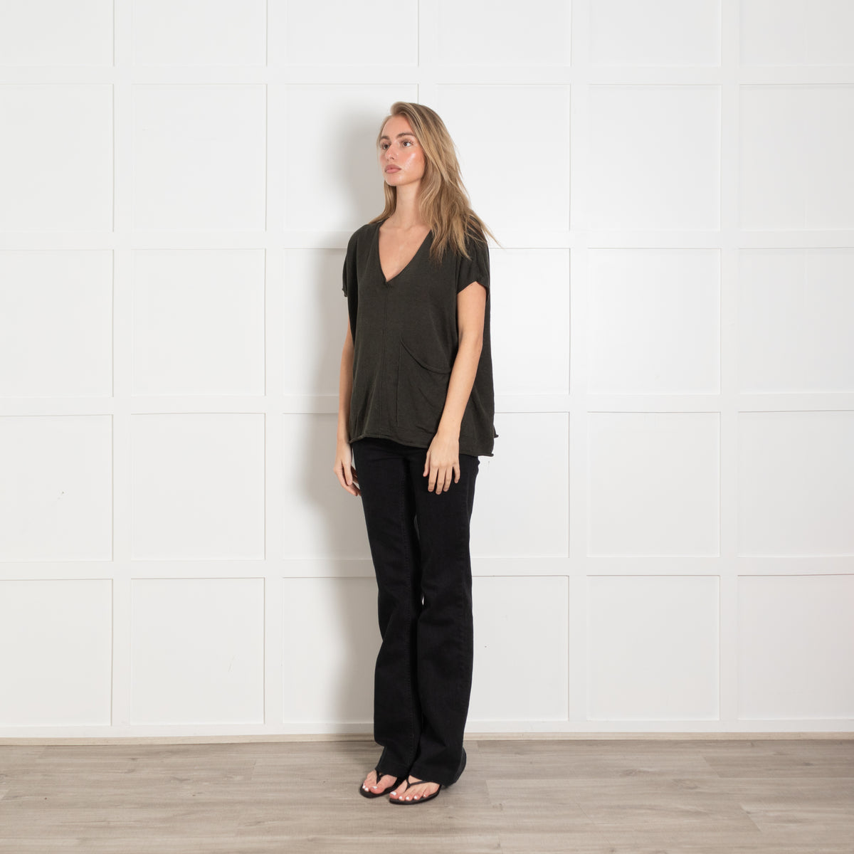 Eileen Fisher Dark Green Linen & Cotton Mix Top With Front Pocket