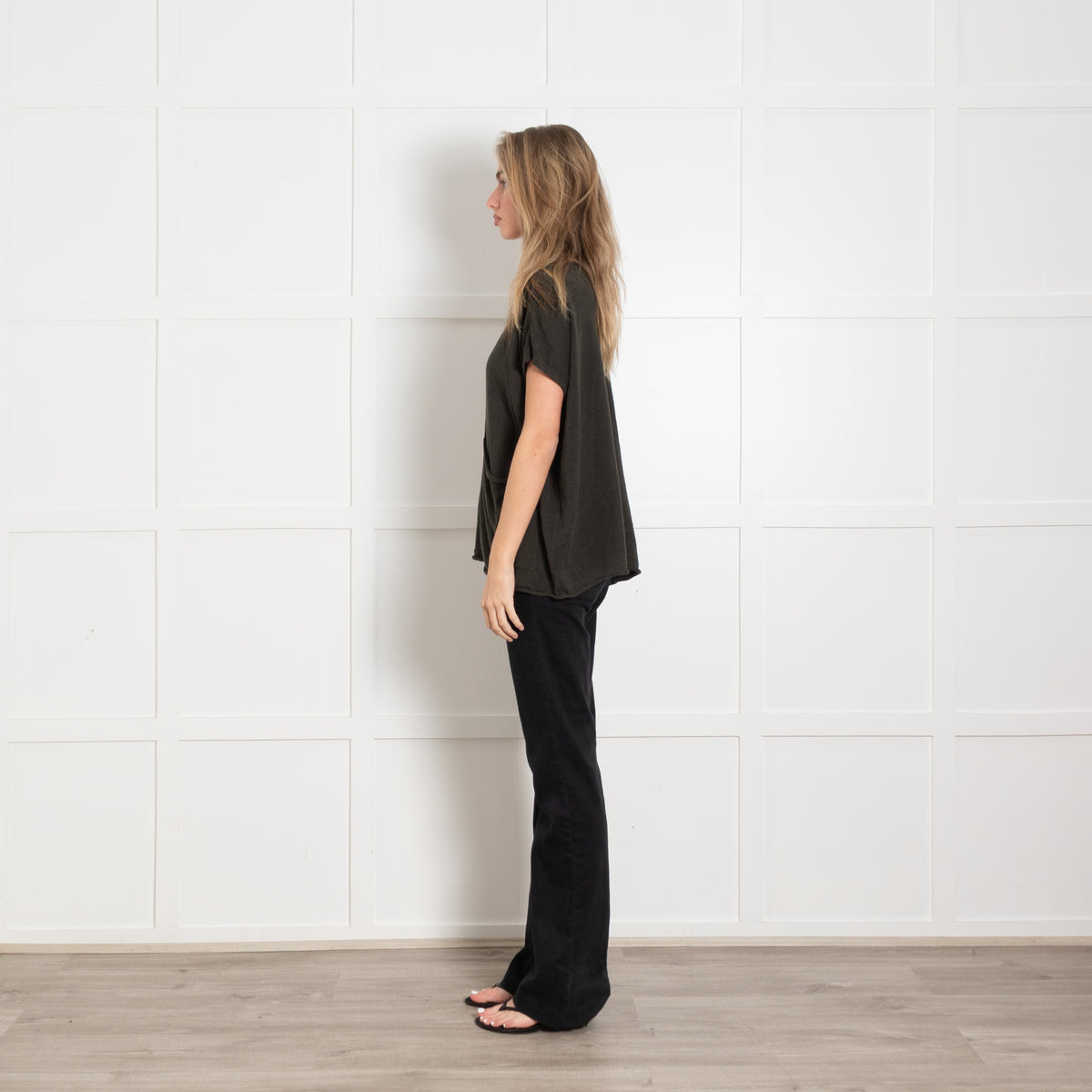 Eileen Fisher Dark Green Linen & Cotton Mix Top With Front Pocket