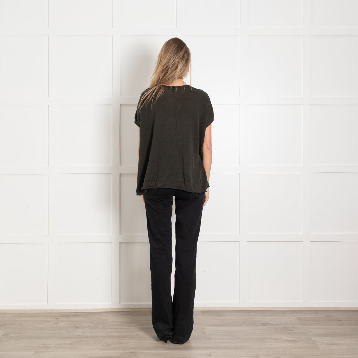 Eileen Fisher Dark Green Linen & Cotton Mix Top With Front Pocket