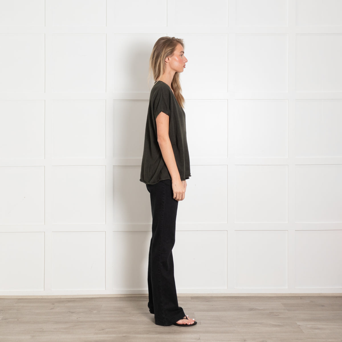 Eileen Fisher Dark Green Linen & Cotton Mix Top With Front Pocket
