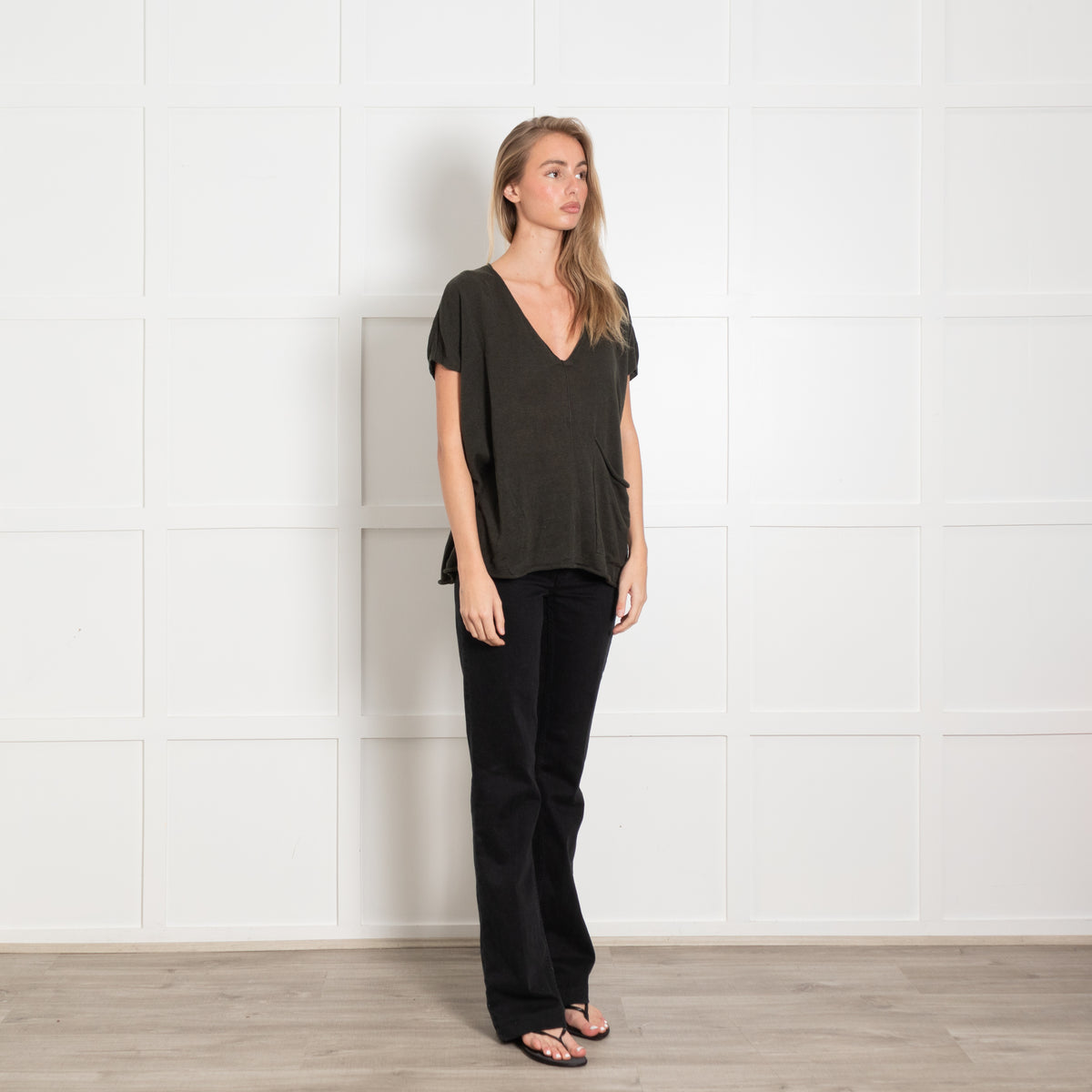 Eileen Fisher Dark Green Linen & Cotton Mix Top With Front Pocket