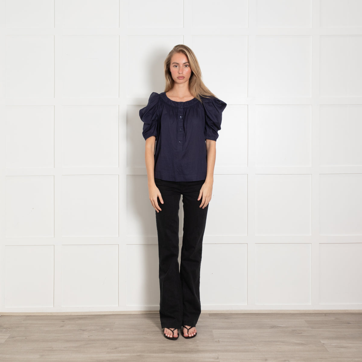 See by Chloe Navy Blue Cold Shoulder Cotton Button Front Top