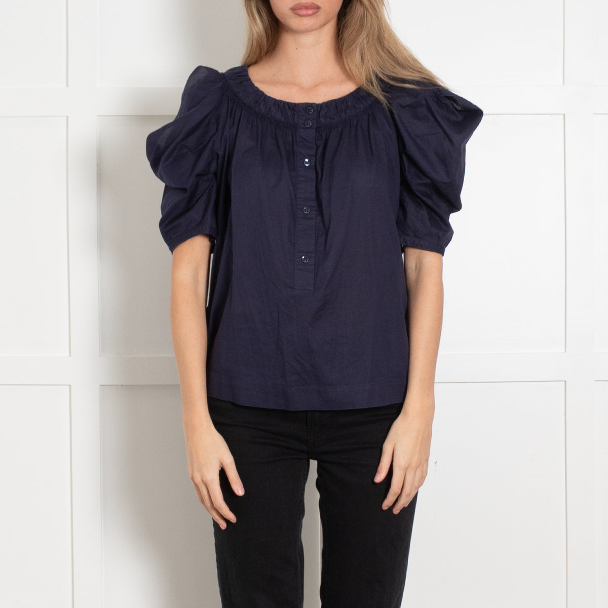 See by Chloe Navy Blue Cold Shoulder Cotton Button Front Top