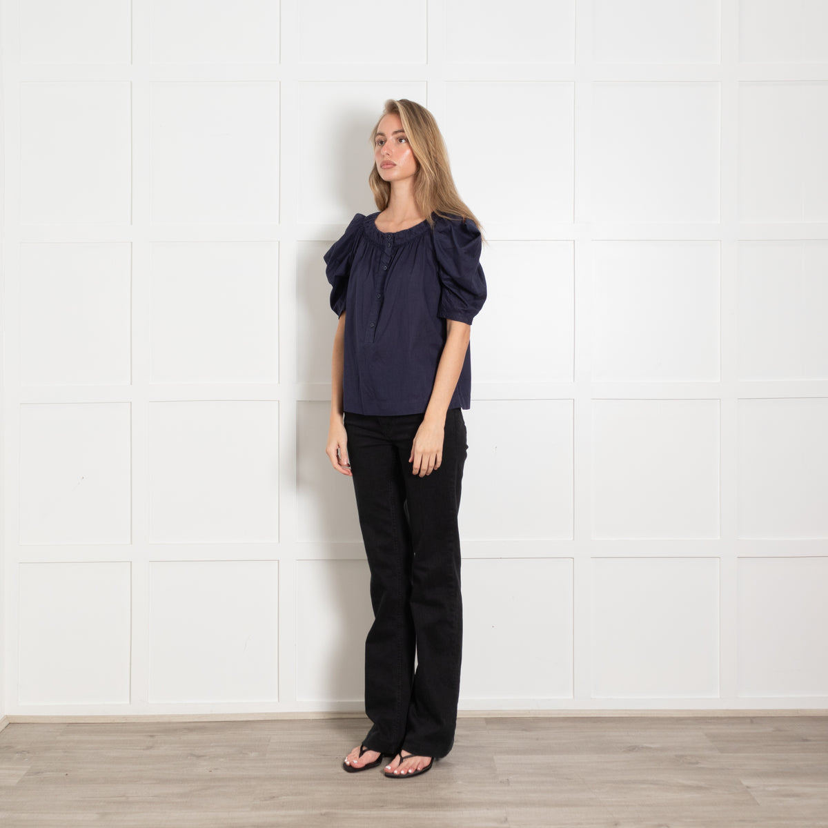 See by Chloe Navy Blue Cold Shoulder Cotton Button Front Top