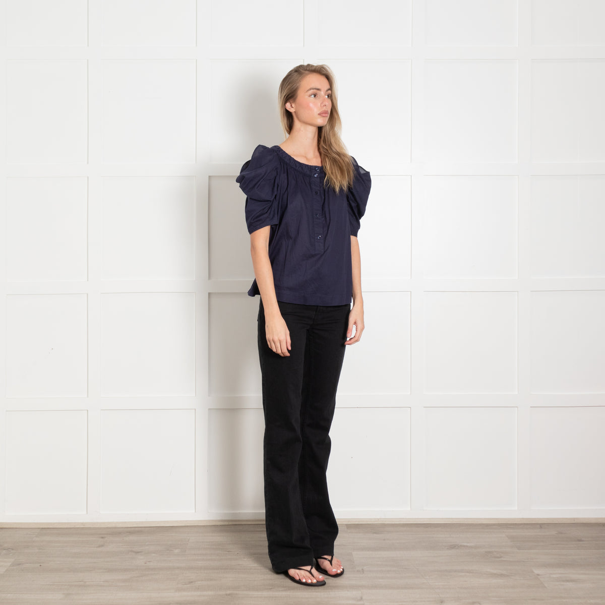 See by Chloe Navy Blue Cold Shoulder Cotton Button Front Top