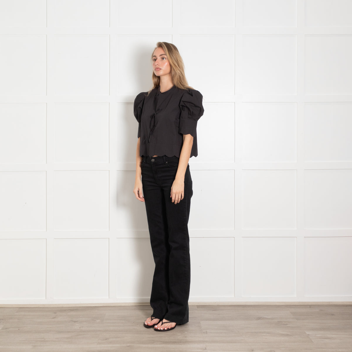 Andion Black Cropped Cotton Top With Puff Sleeves and Front Ties