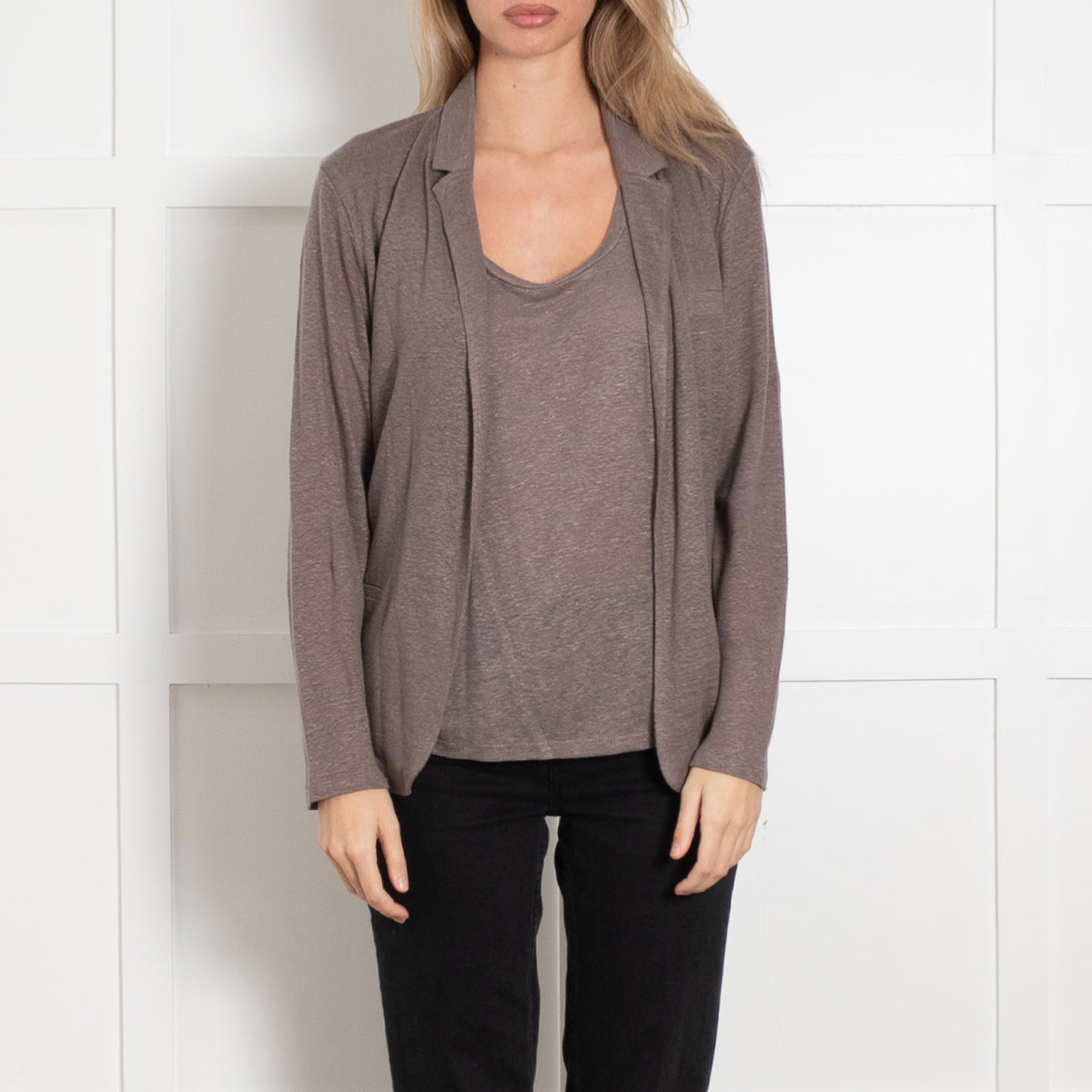 Not Shy Taupe Linen Vest with Matching Jacket
