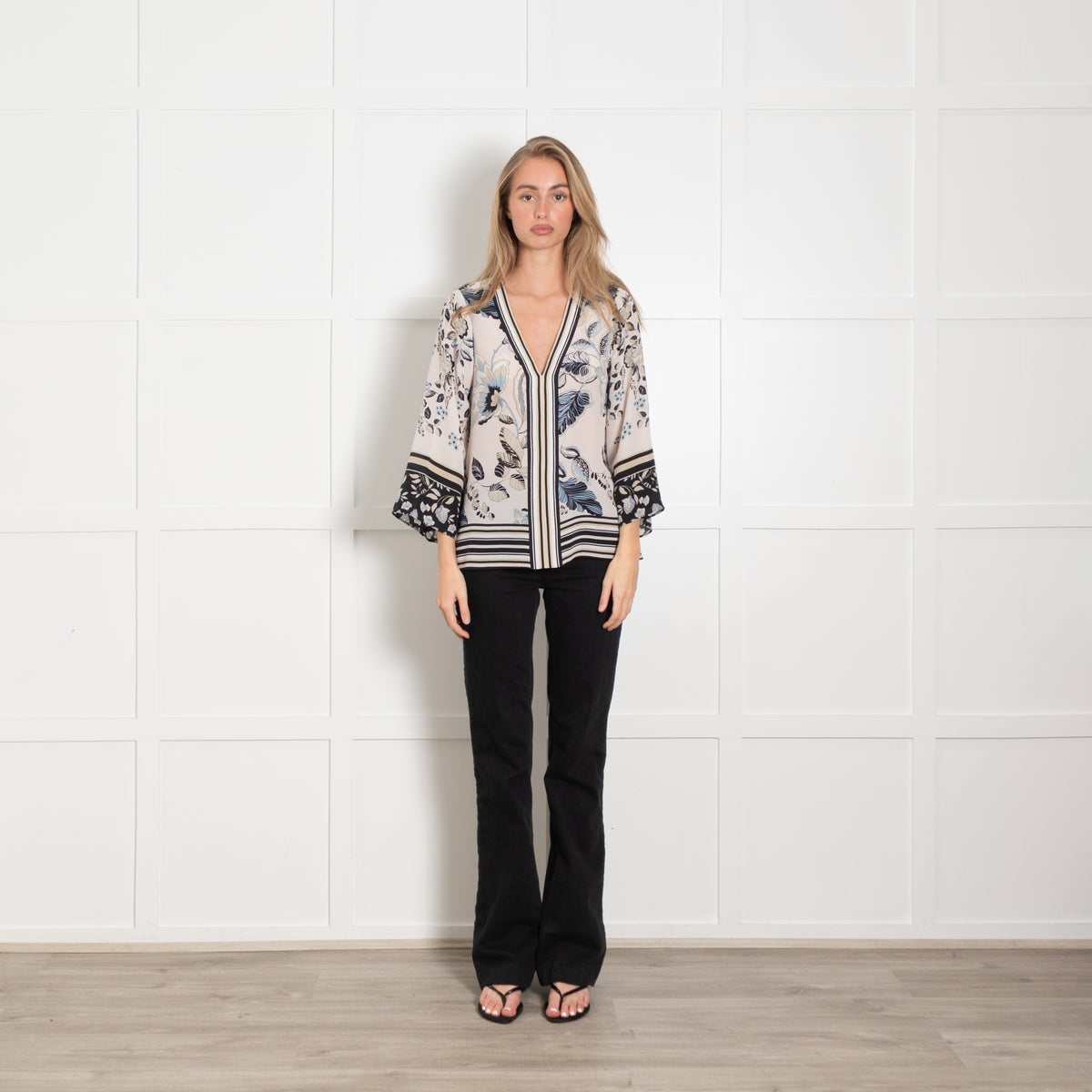 Hale Bob Cream & Blue Print V Neck Blouse