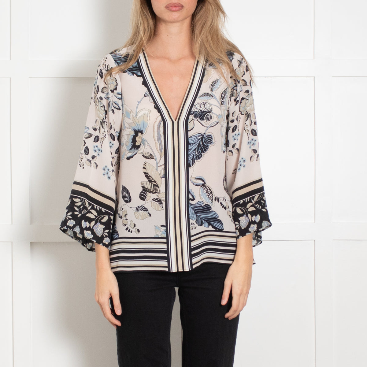Hale Bob Cream & Blue Print V Neck Blouse