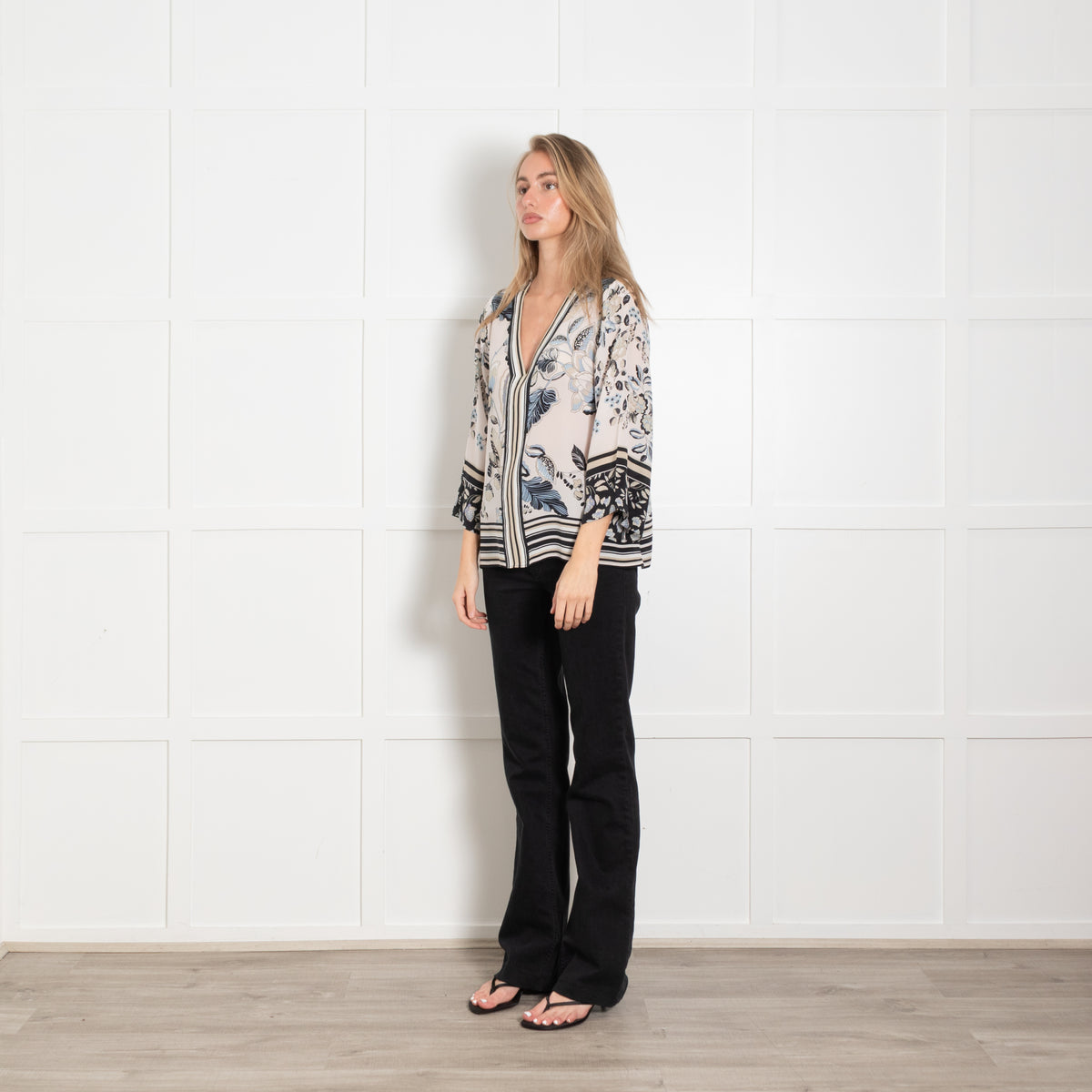 Hale Bob Cream & Blue Print V Neck Blouse