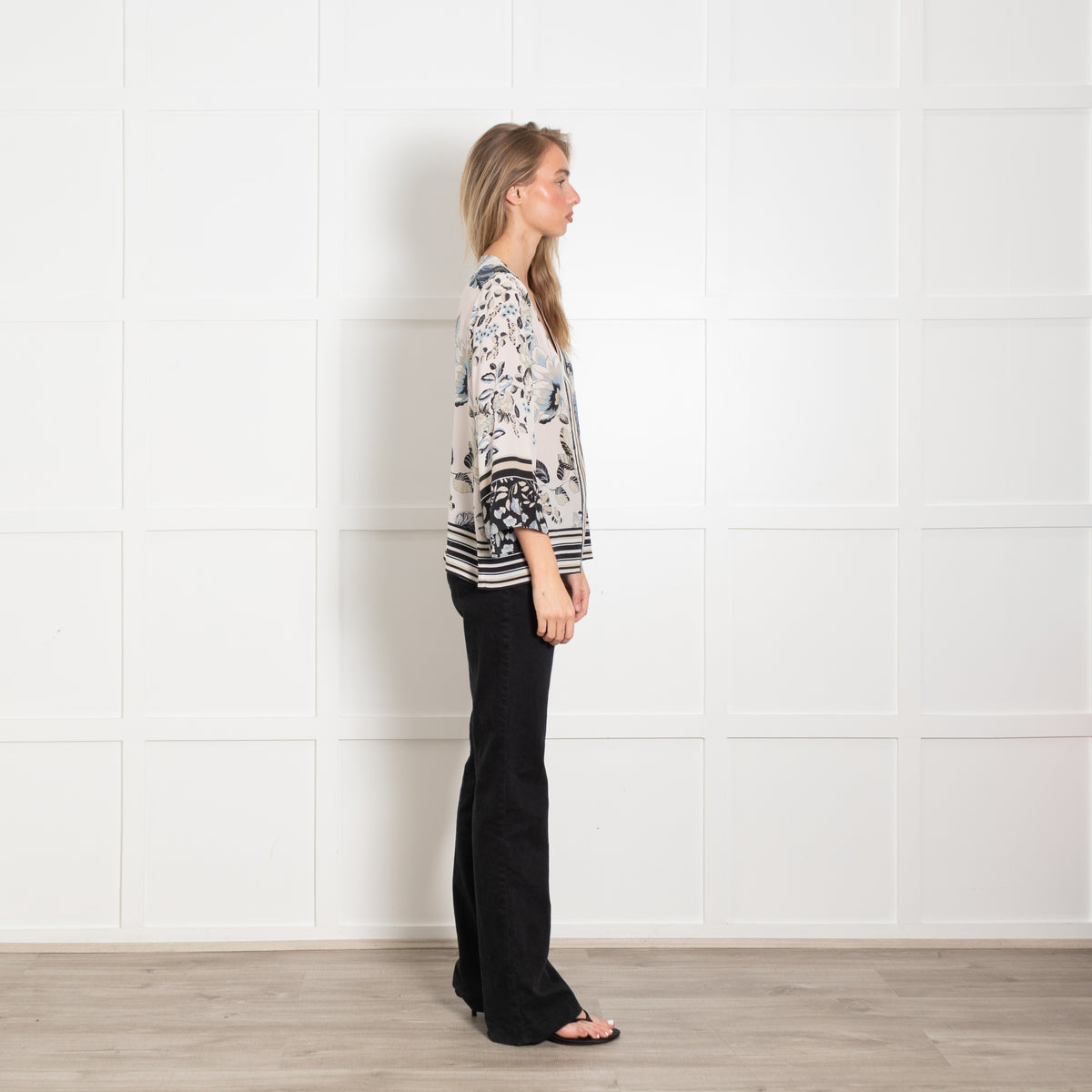 Hale Bob Cream & Blue Print V Neck Blouse