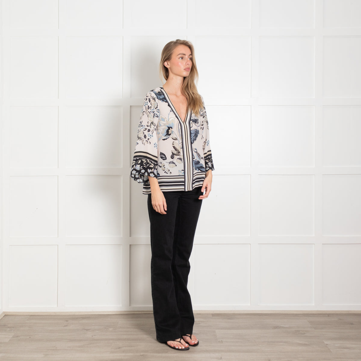 Hale Bob Cream & Blue Print V Neck Blouse