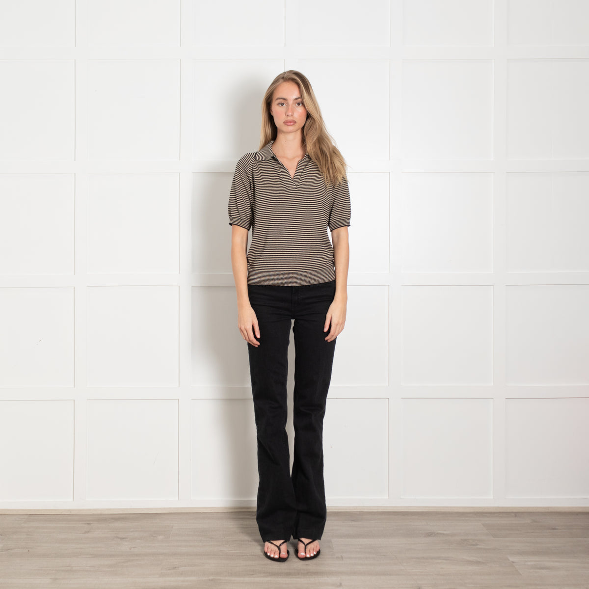 Weekend Max Mara Black & Brown Stripe Cotton Short Sleeve Top