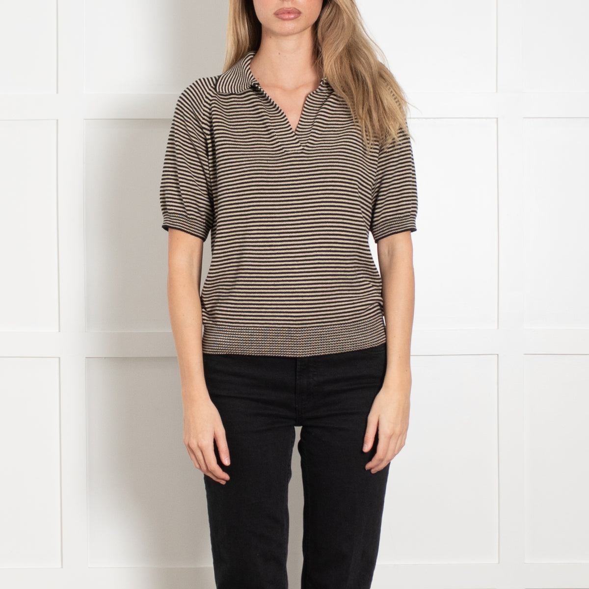 Weekend Max Mara Black & Brown Stripe Cotton Short Sleeve Top