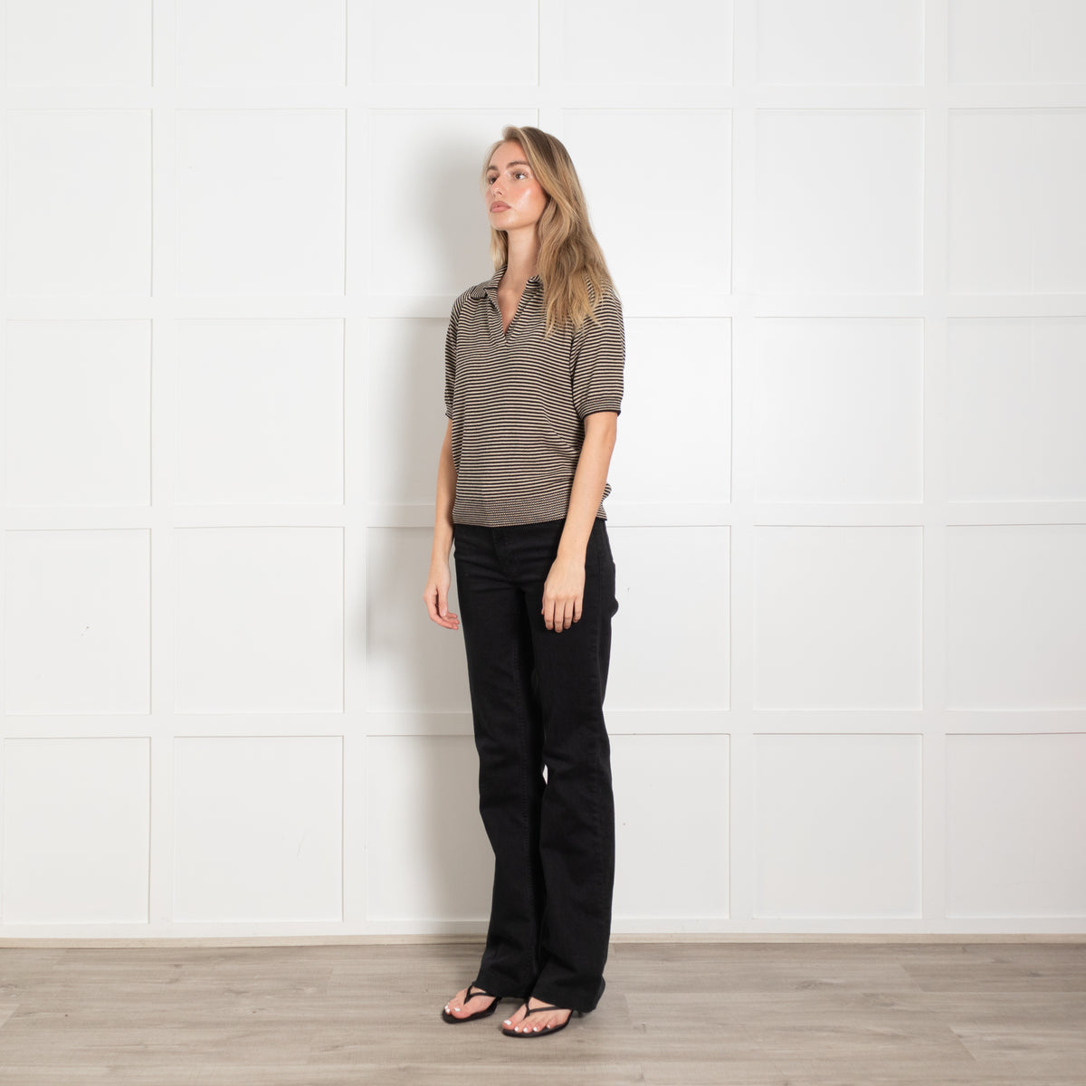 Weekend Max Mara Black & Brown Stripe Cotton Short Sleeve Top