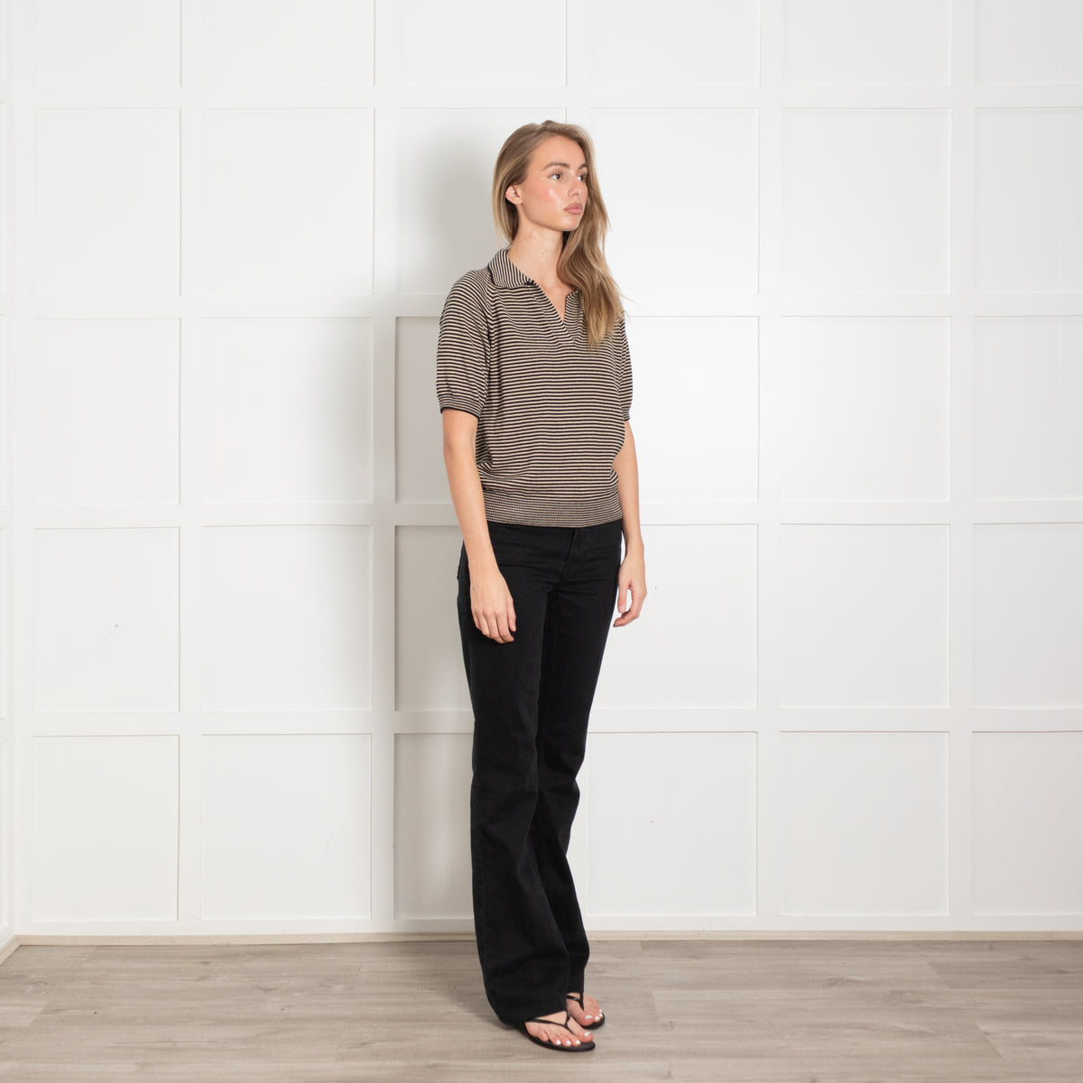 Weekend Max Mara Black & Brown Stripe Cotton Short Sleeve Top
