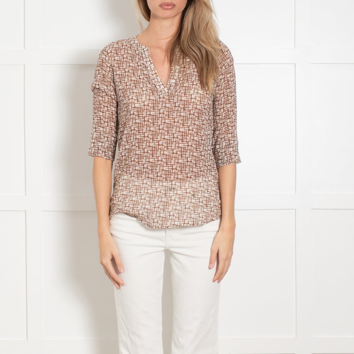 Whyci Milano Brown & White Silk & Cotton Patterned Short Sleeve Top