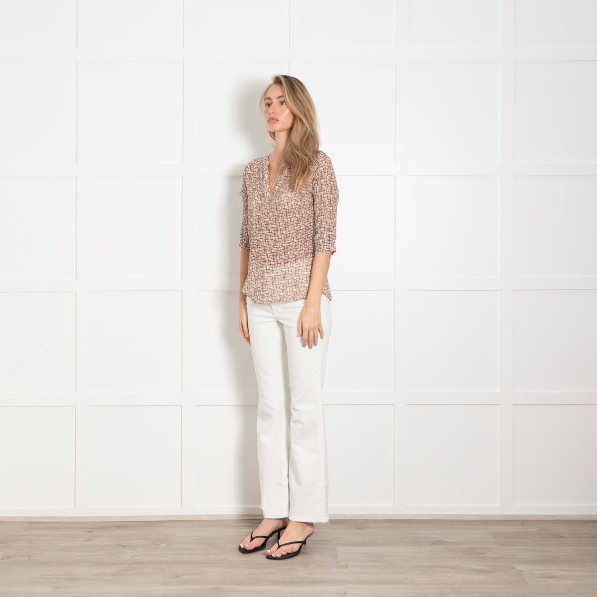 Whyci Milano Brown & White Silk & Cotton Patterned Short Sleeve Top