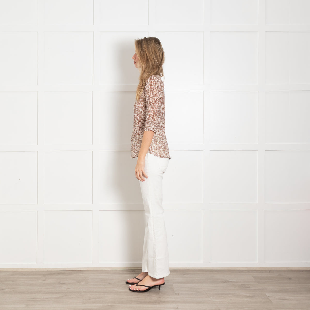 Whyci Milano Brown & White Silk & Cotton Patterned Short Sleeve Top