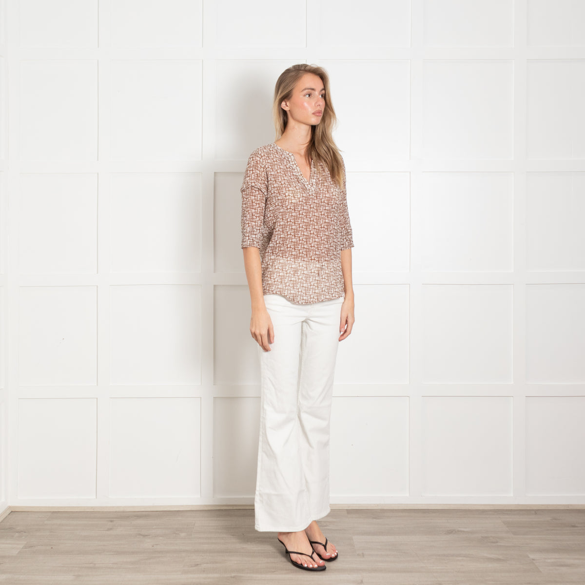 Whyci Milano Brown & White Silk & Cotton Patterned Short Sleeve Top