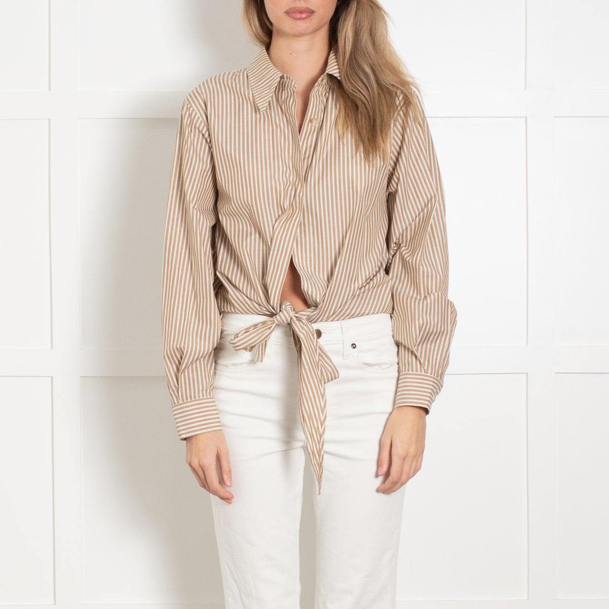 Vivere Camel Stripe Tie Shirt