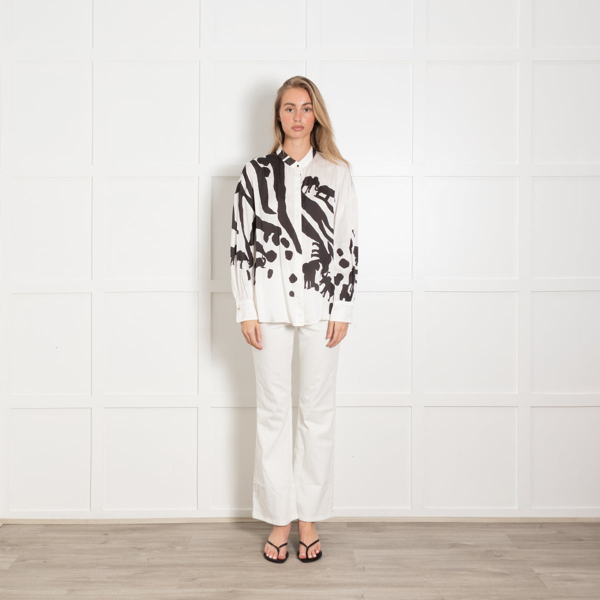 MarcCain Black and White Collarless Animal Silhouette Blouse